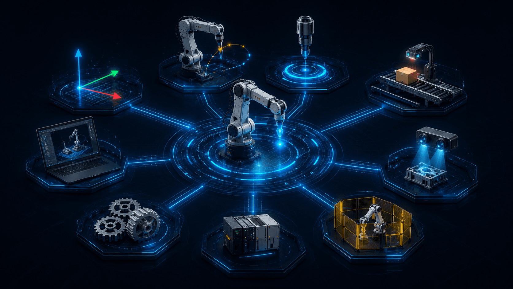 Mapa kompetencji robotycznych: TCP, osie, trajektorie, PLC, bezpieczeństwo i systemy wizyjne.