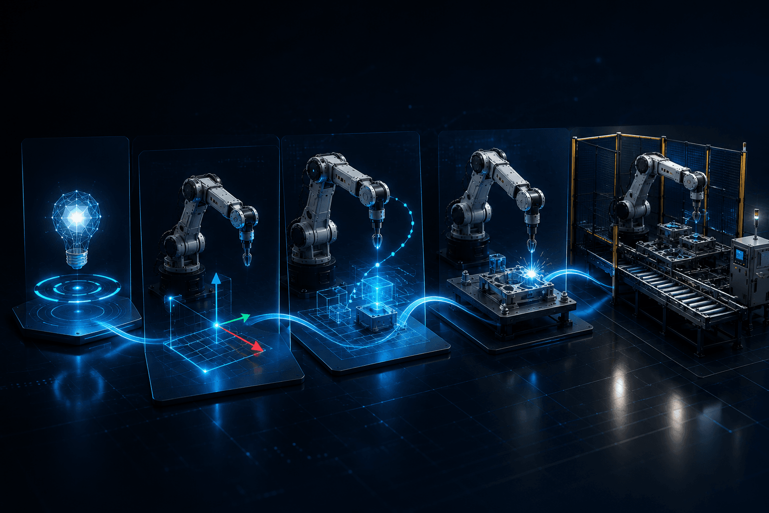 Proces nauki przez praktykę — od analizy zadania po symulację i gotową aplikację robotyczną.