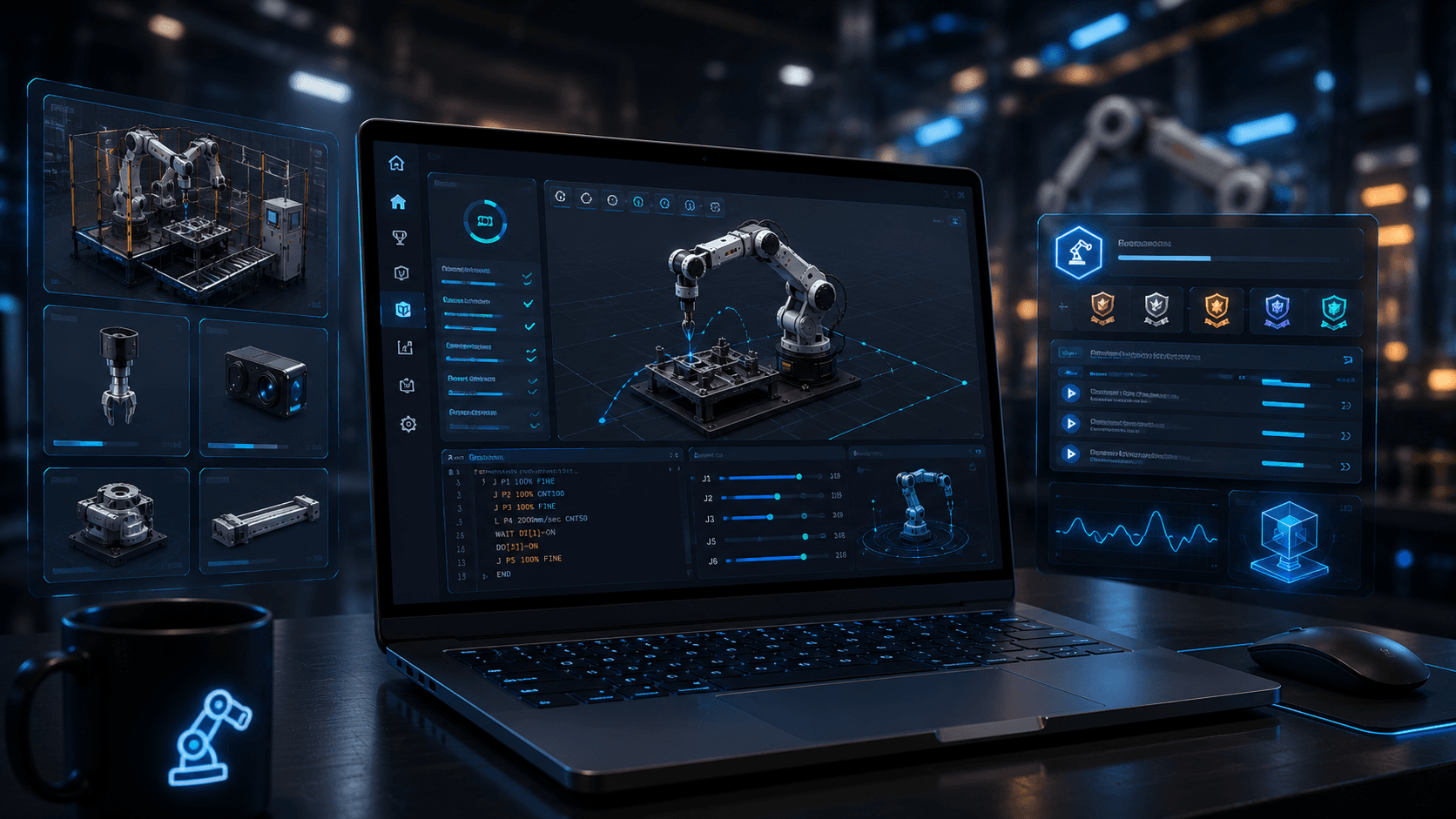 Centrum dowodzenia platformy LMS — misje, telemetria robota, scena 3D i postęp szkolenia.
